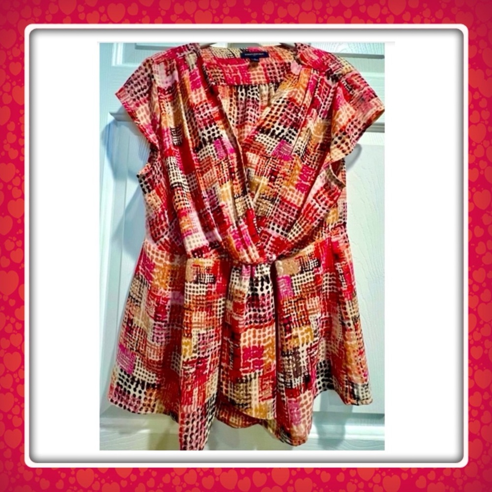 Banana Republic faux wrap peplum top - pink black white orange - size large
